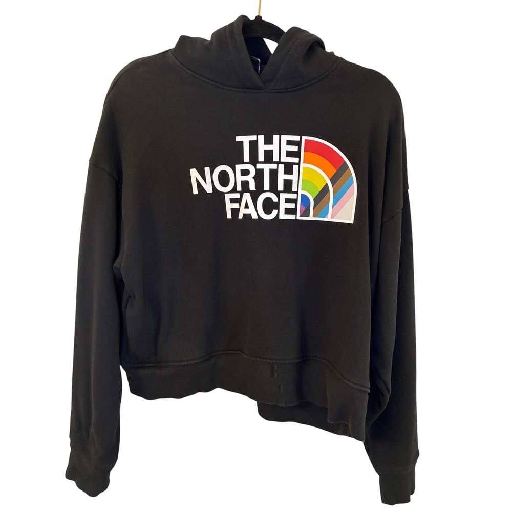 The North Face Womens Pride Hoodie Black Rainbow Logo Cropped Sweatshirt Large